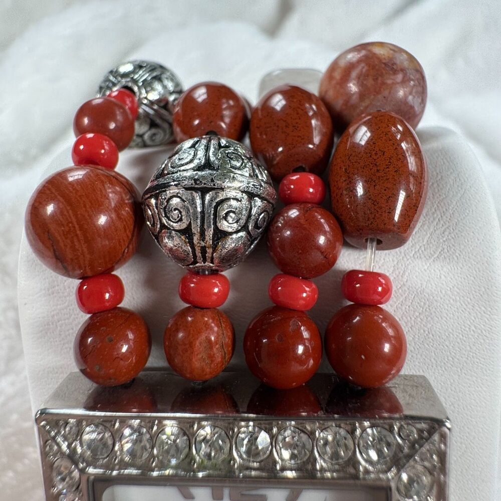 Chunky Boho Beaded Bracelet Watch Colleen Lopez Crystal Bezel Red Jasper Quartz - Picture 12 of 15